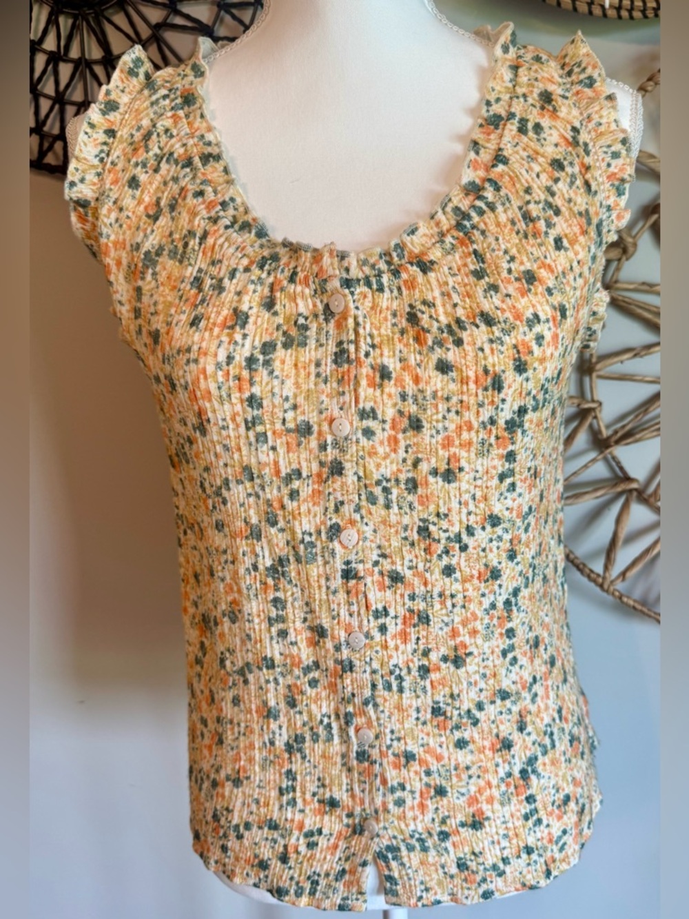Wonderly Yellow Floral Button-Front Sleeveless Top Size S